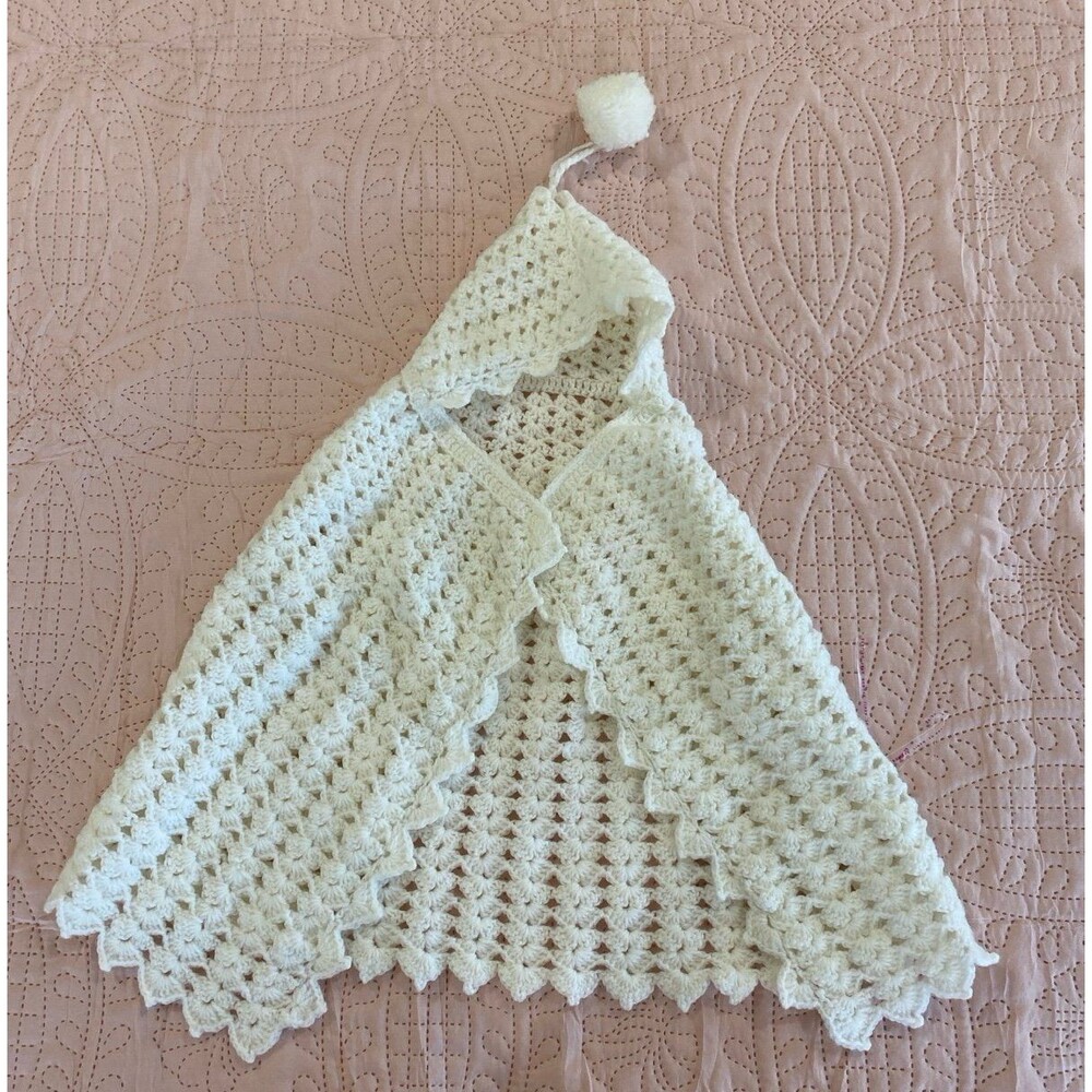 Vintage Crochet White Baby Cape Wrap Blanket Newborn Christening Wedding